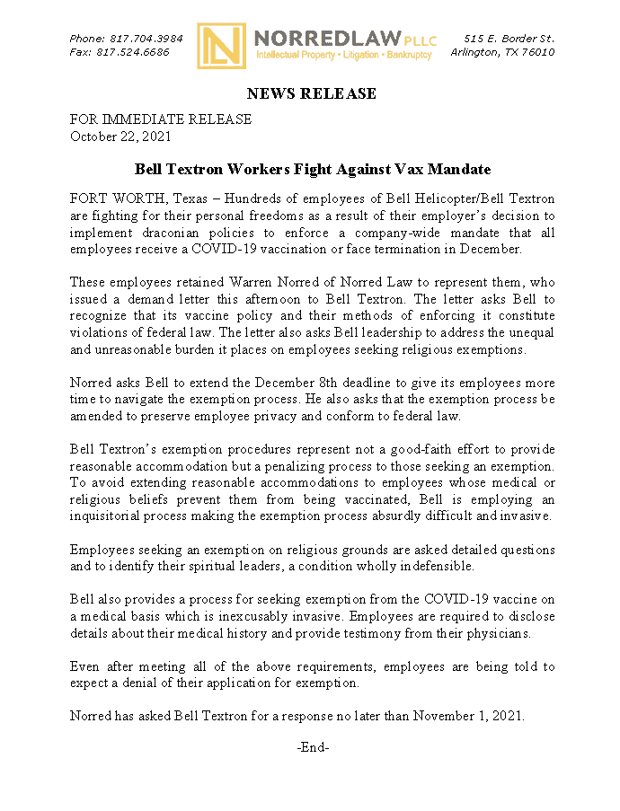 Demand Letter sent to Bell Helicopter on its Vax Mandate